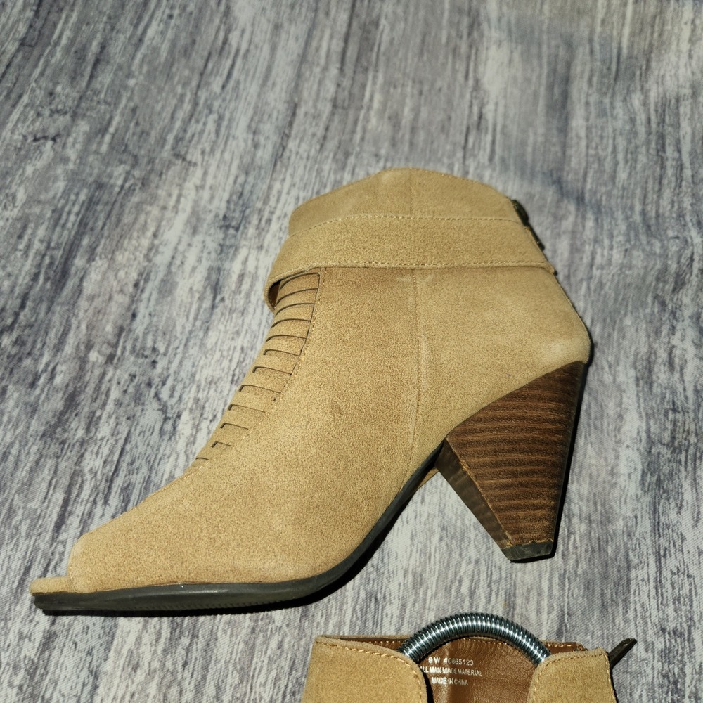 Wedge Heel Booties Open Toe Faux Suede Ankle Boots Tan Wide Width 9W Gold Accent - Picture 7 of 14